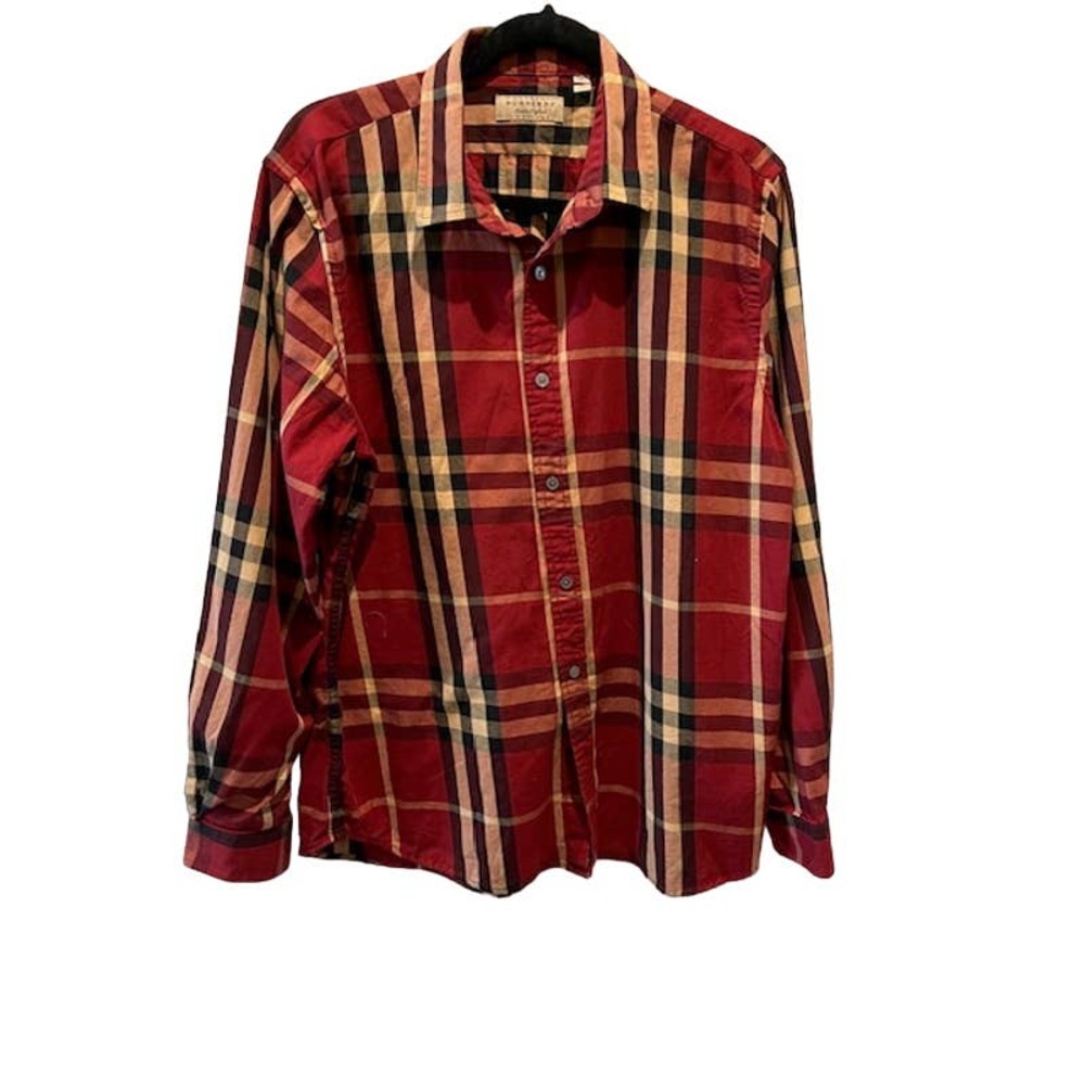 Burberry London Men's Long Sleeve Cotton XL Red Check Plaid Shirt